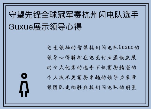 守望先锋全球冠军赛杭州闪电队选手Guxue展示领导心得